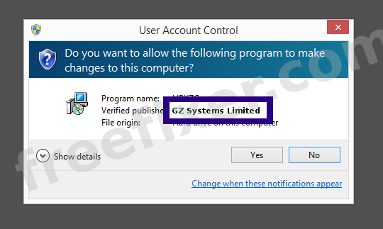 Screenshot where GZ Systems Limited appears as the verified publisher in the UAC dialog